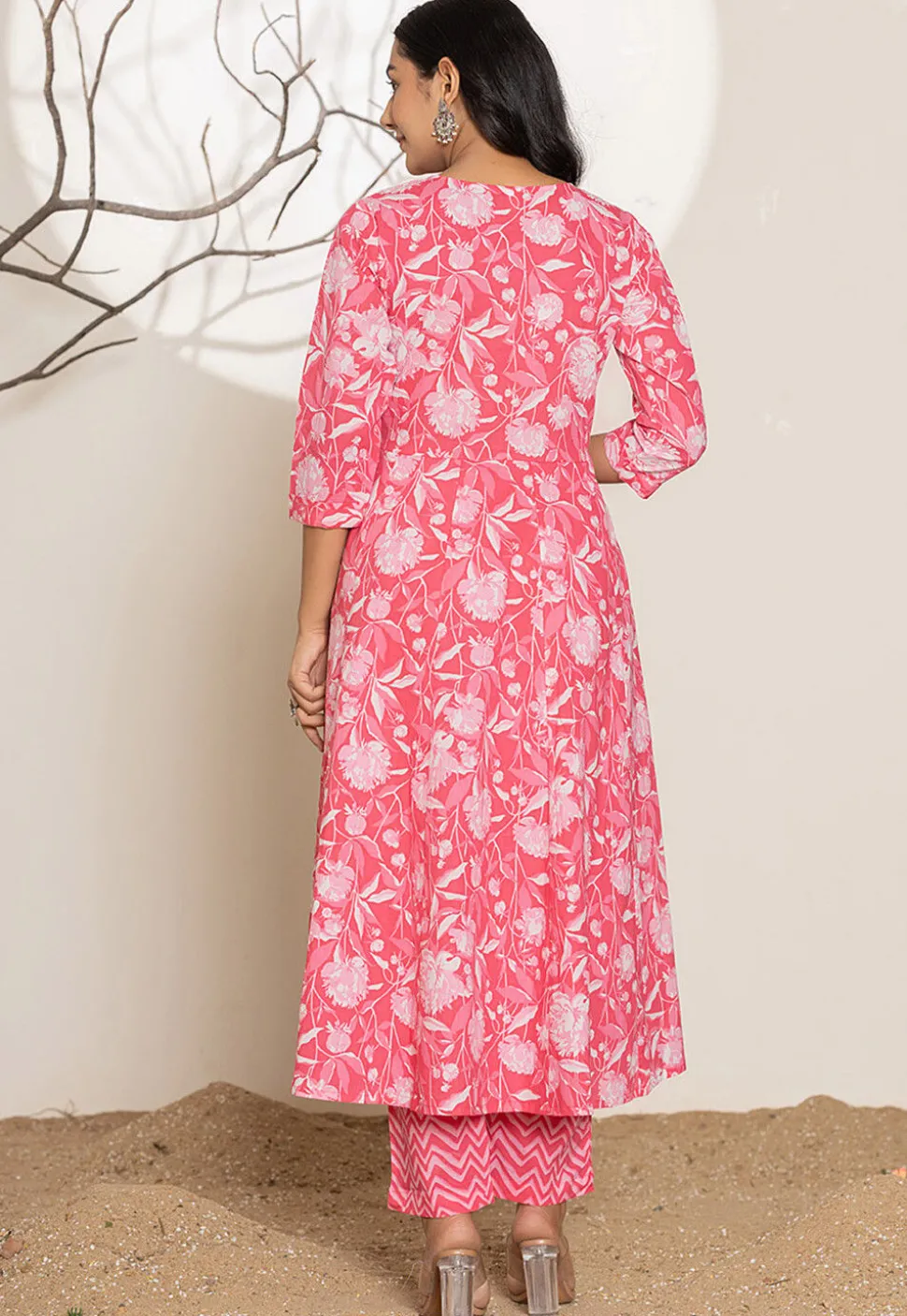 Digital Printed Pure Cotton A Line Suit in Coral Pink
