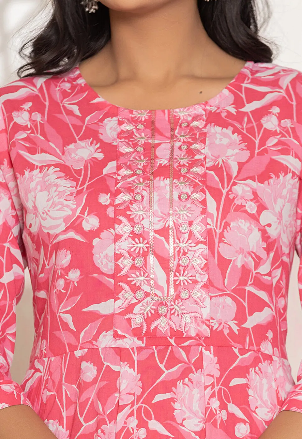 Digital Printed Pure Cotton A Line Suit in Coral Pink