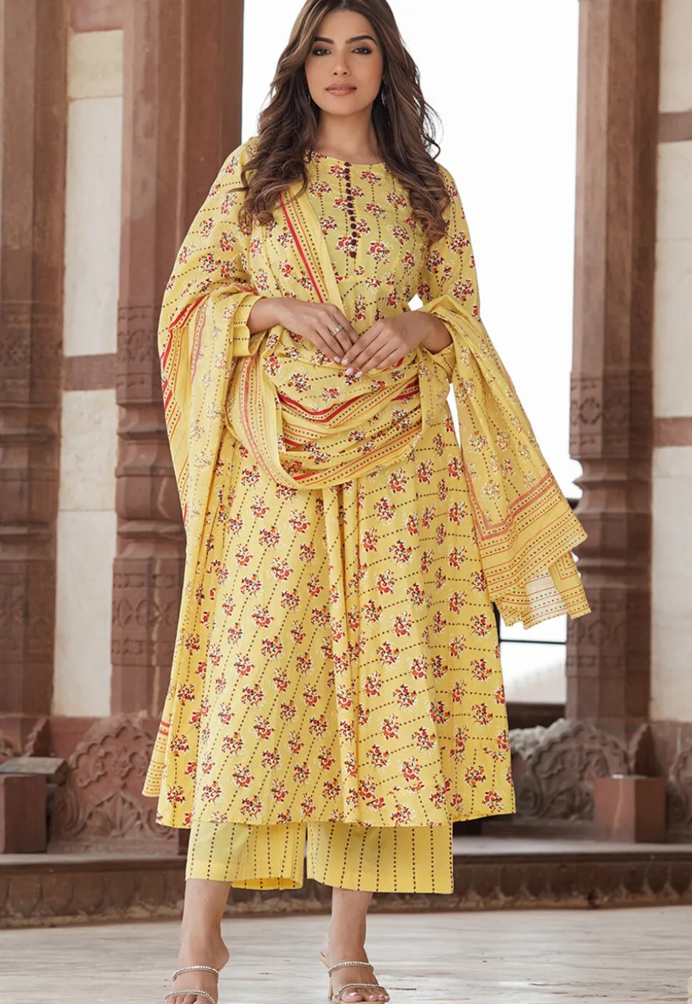 Digital Printed Pure Cotton Pakistani Suit in Yellow