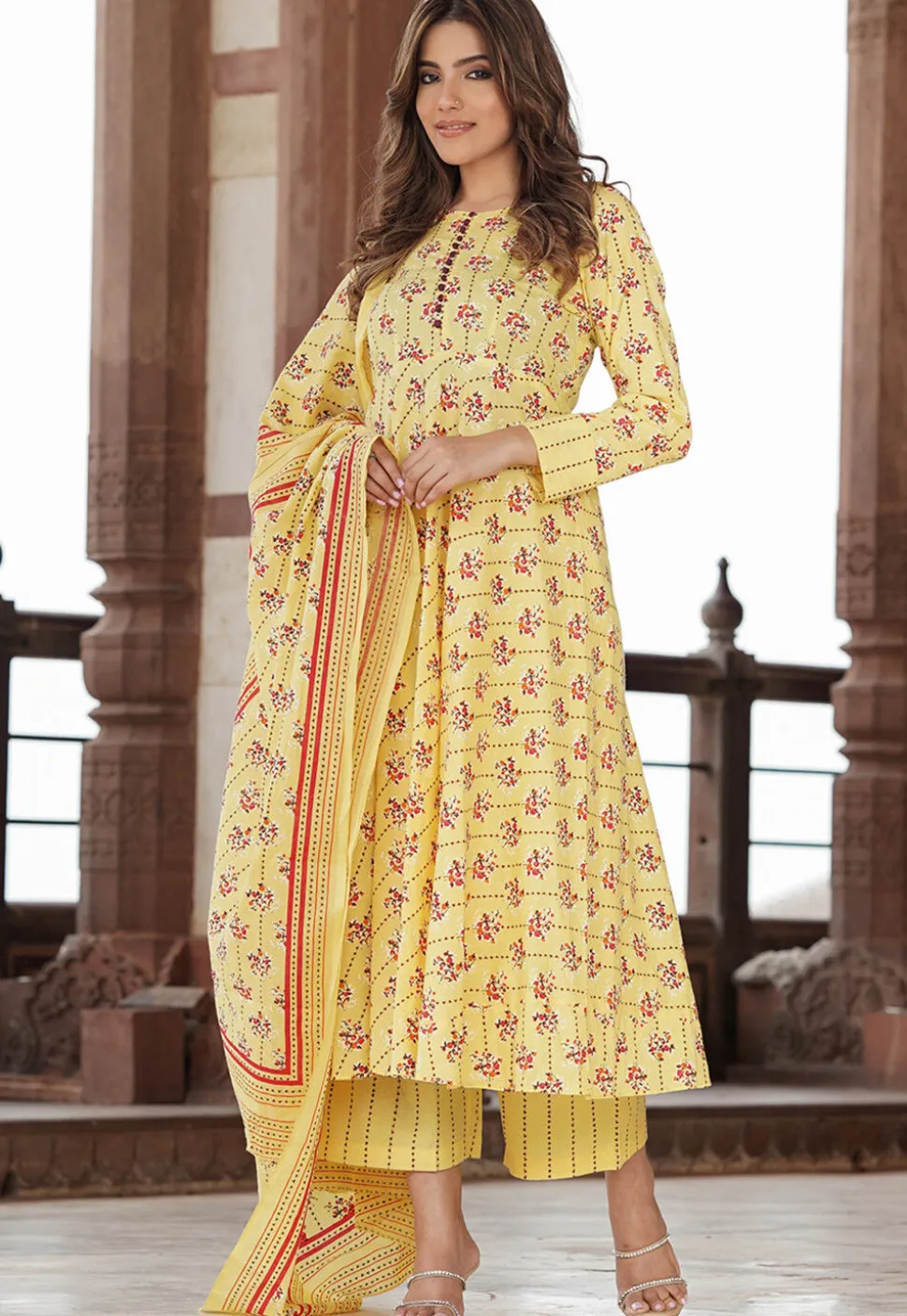 Digital Printed Pure Cotton Pakistani Suit in Yellow