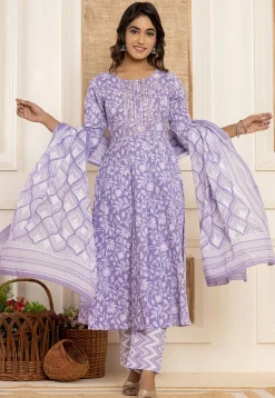 Digital Printed Pure Cotton A Line Suit in Light Purple