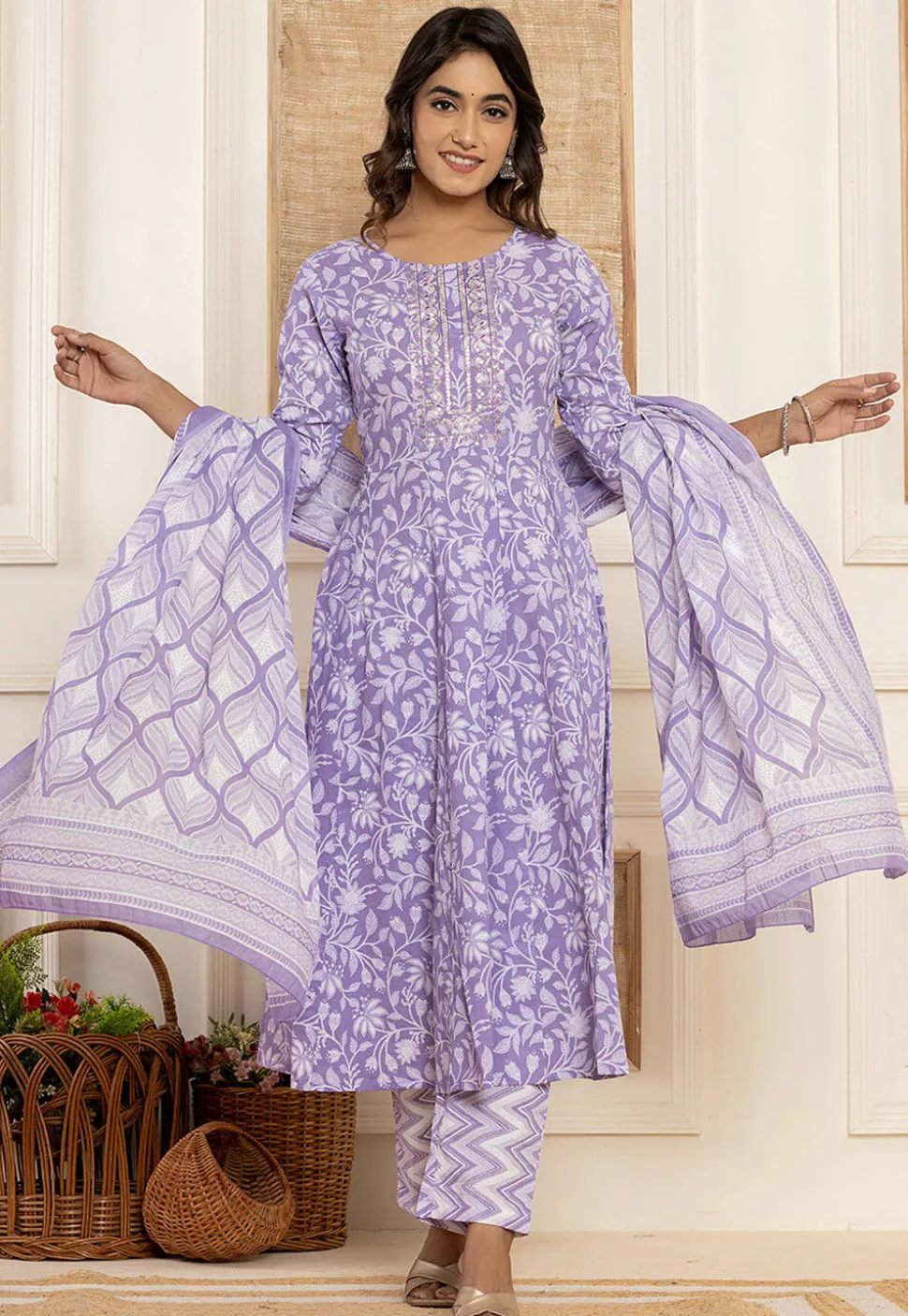 Digital Printed Pure Cotton A Line Suit in Light Purple