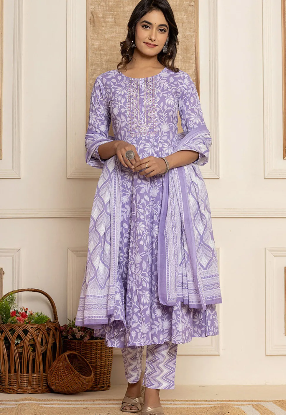 Digital Printed Pure Cotton A Line Suit in Light Purple