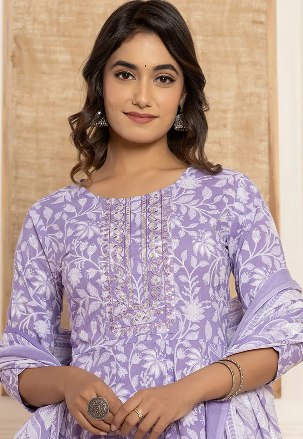 Digital Printed Pure Cotton A Line Suit in Light Purple