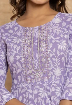 Digital Printed Pure Cotton A Line Suit in Light Purple