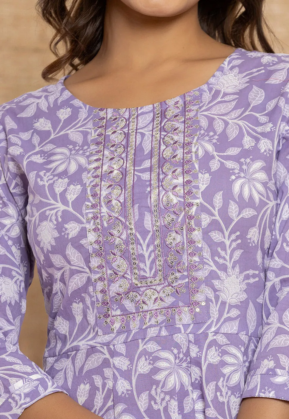 Digital Printed Pure Cotton A Line Suit in Light Purple