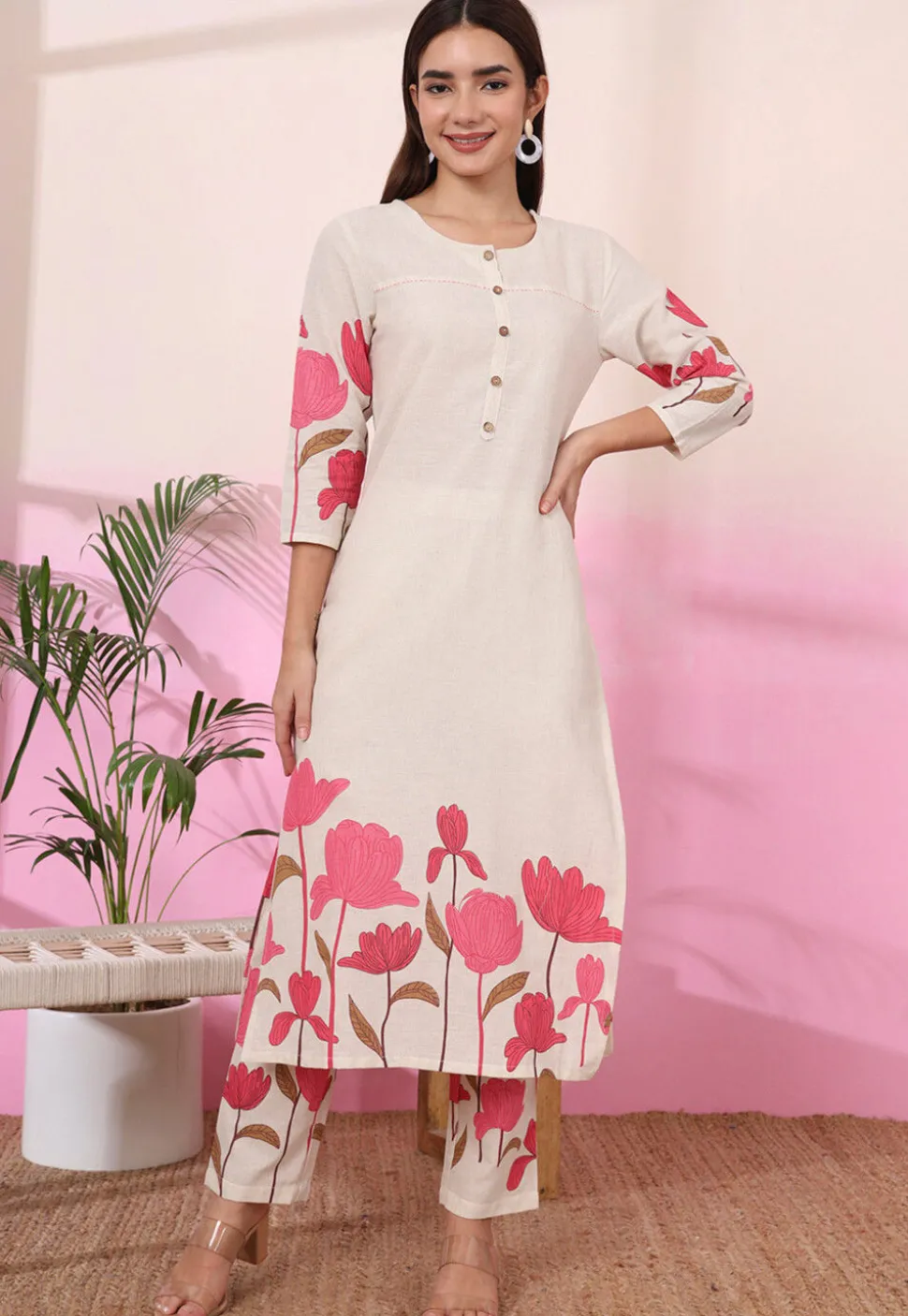 Digital Printed Pure Cotton Co Ord Set in Cream