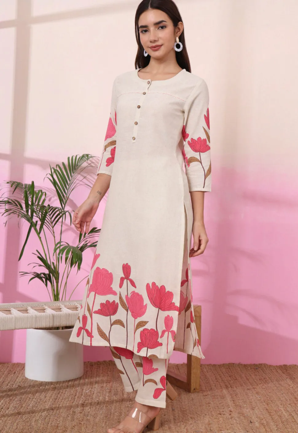 Digital Printed Pure Cotton Co Ord Set in Cream