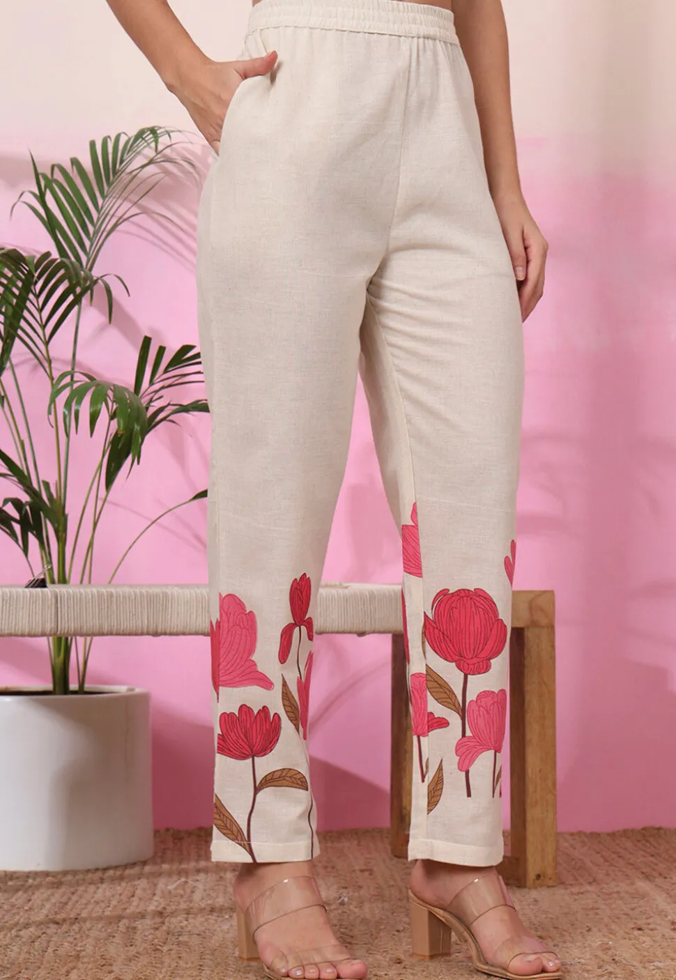 Digital Printed Pure Cotton Co Ord Set in Cream
