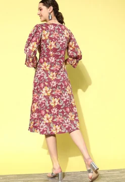 Digital Printed Pure Cotton Midi Dress in Magenta