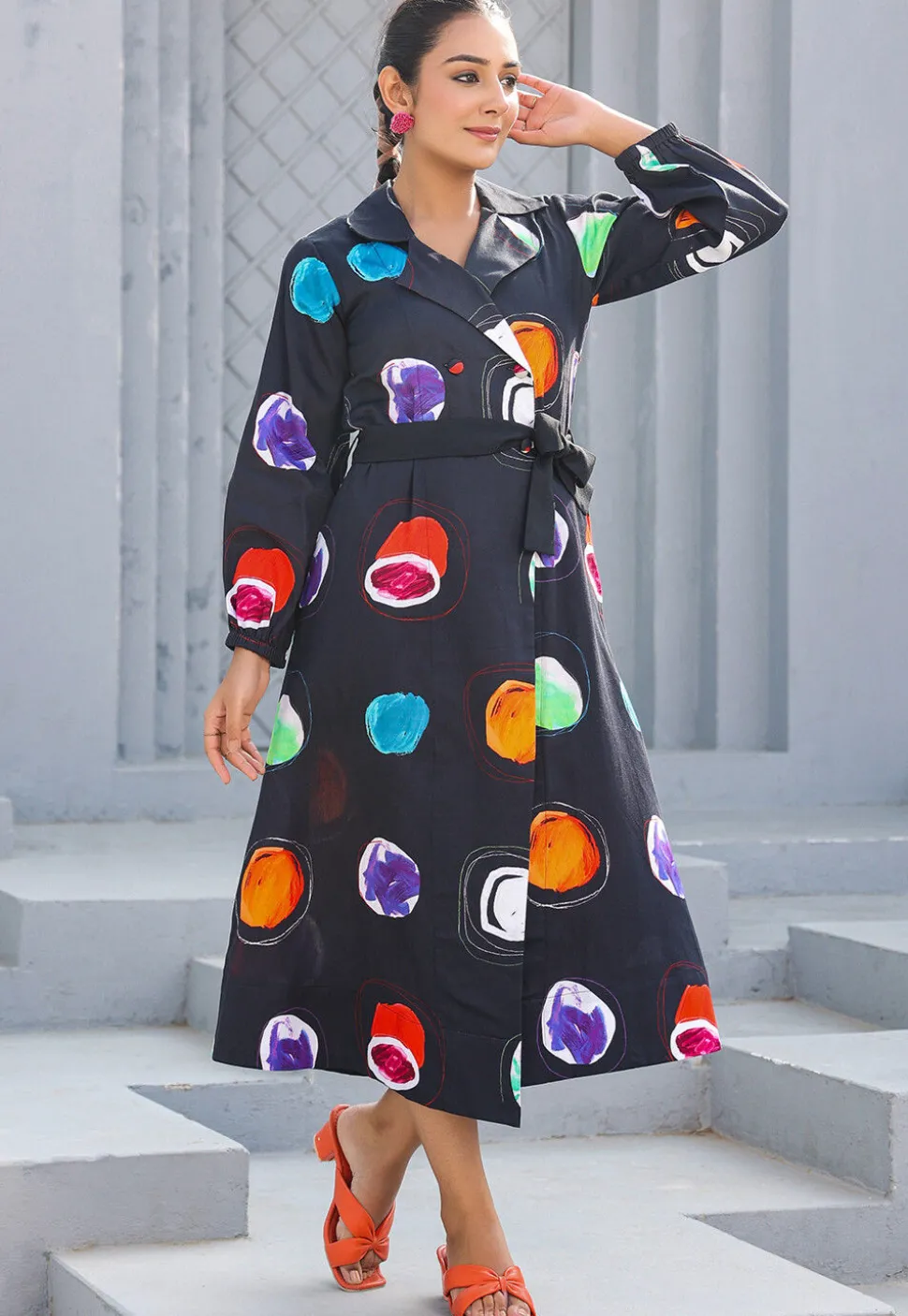 Digital Printed Pure Cotton A Line Dress in Black