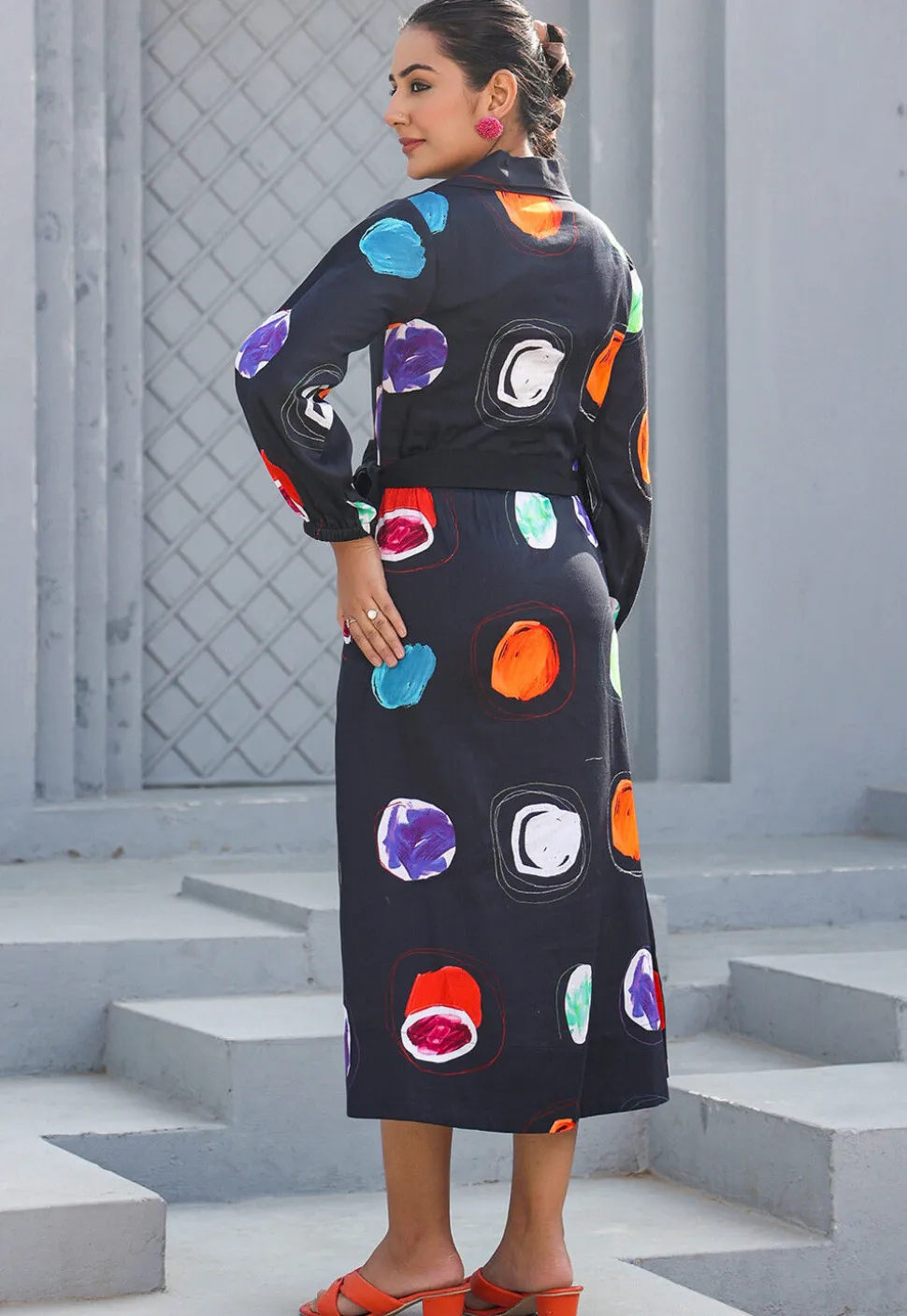 Digital Printed Pure Cotton A Line Dress in Black