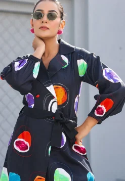 Digital Printed Pure Cotton A Line Dress in Black