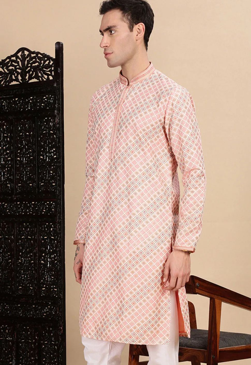 Digital Printed Pure Cotton Kurta in Peach