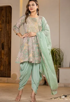 Digital Printed Pure Cotton Punjabi Suit in Light Fawn and Pastel Green