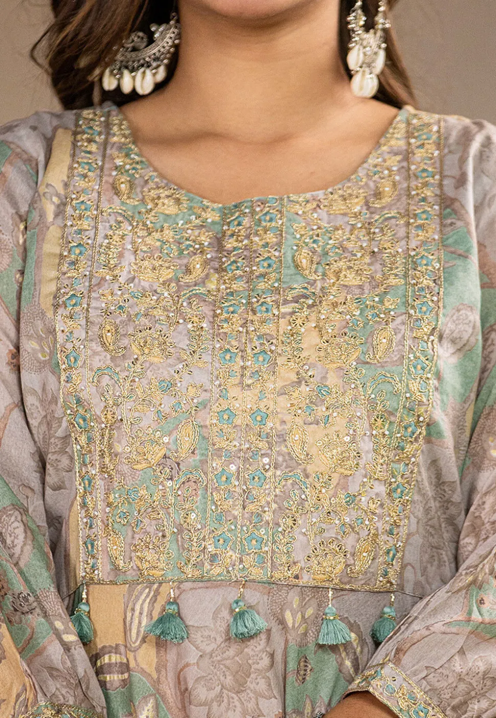 Digital Printed Pure Cotton Punjabi Suit in Light Fawn and Pastel Green