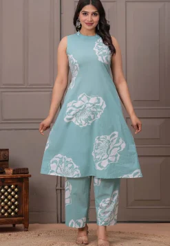 Digital Printed Pure Cotton Co Ord Set in Sea Green