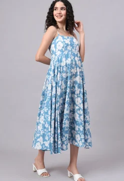 Digital Printed Pure Cotton Dress in Blue