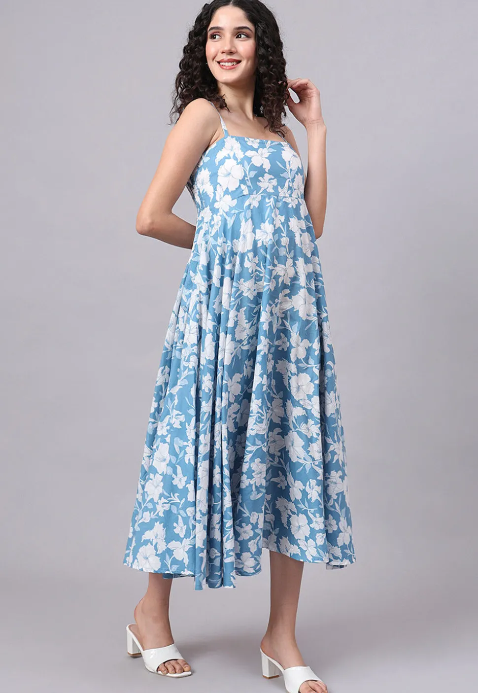 Digital Printed Pure Cotton Dress in Blue