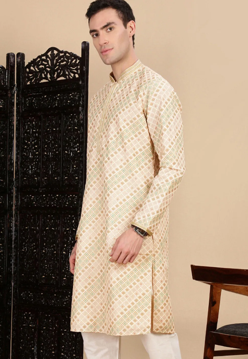Digital Printed Pure Cotton Kurta in Light Beige