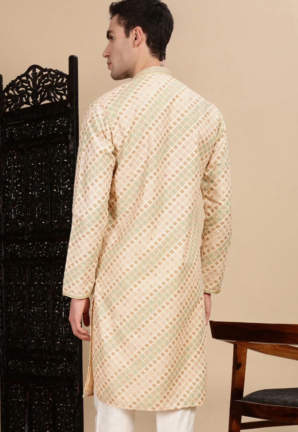 Digital Printed Pure Cotton Kurta in Light Beige