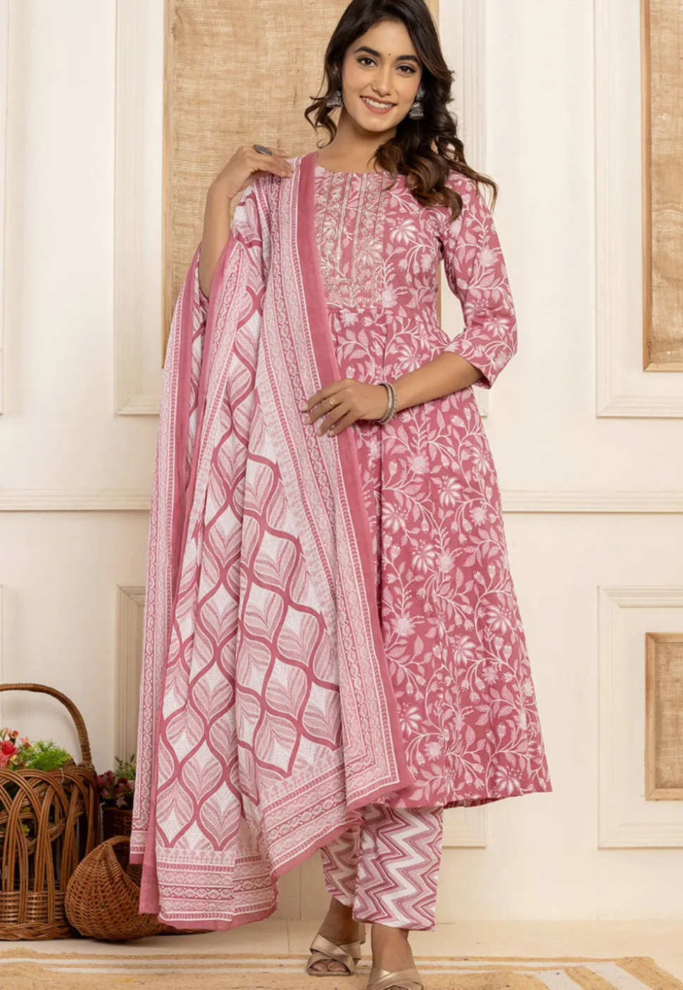 Digital Printed Pure Cotton A Line Suit in Old Rose
