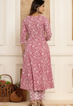 Digital Printed Pure Cotton A Line Suit in Old Rose