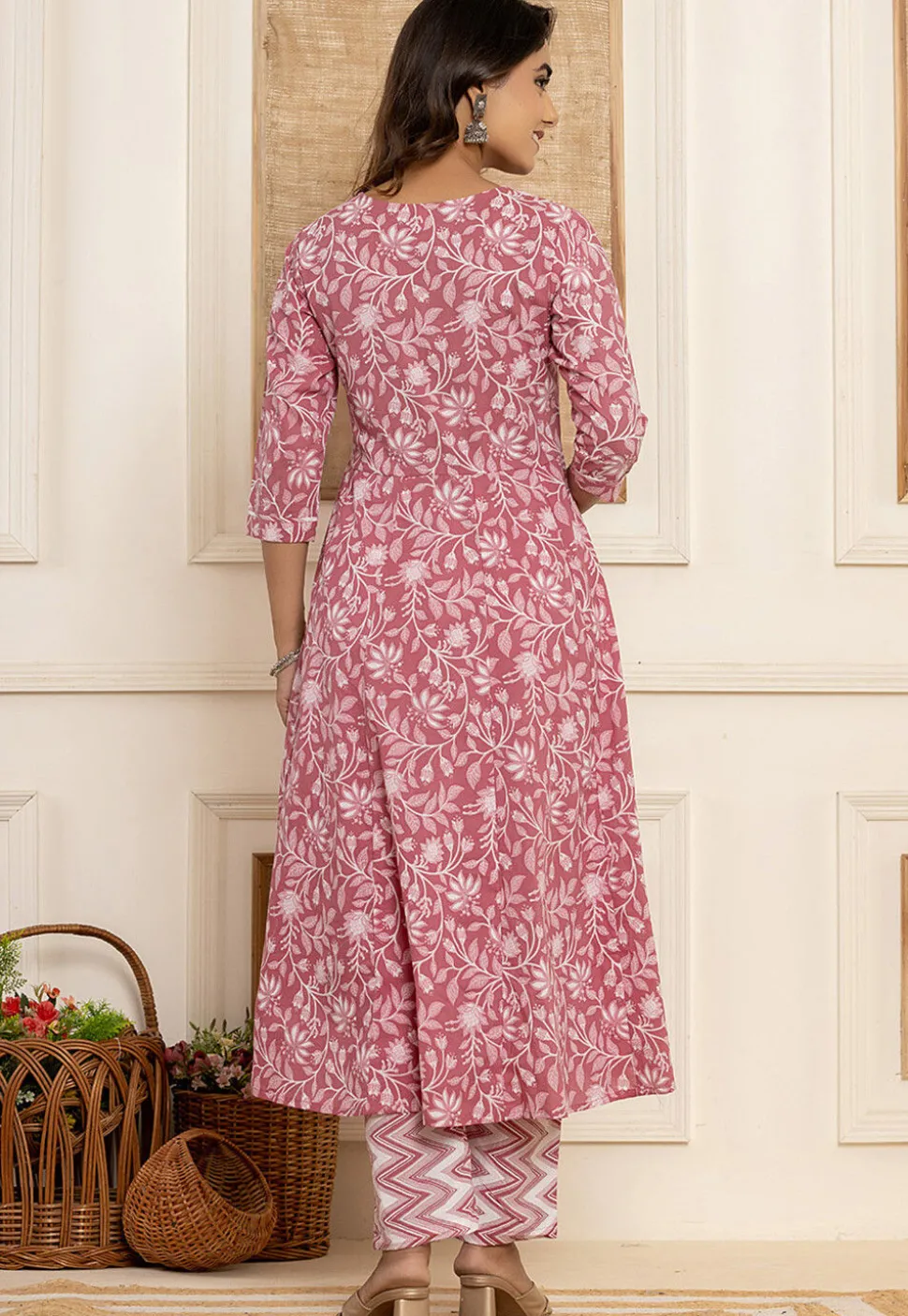Digital Printed Pure Cotton A Line Suit in Old Rose