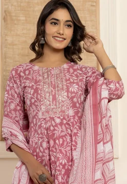 Digital Printed Pure Cotton A Line Suit in Old Rose