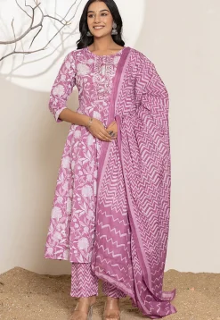Digital Printed Pure Cotton A Line Suit in Light Purple