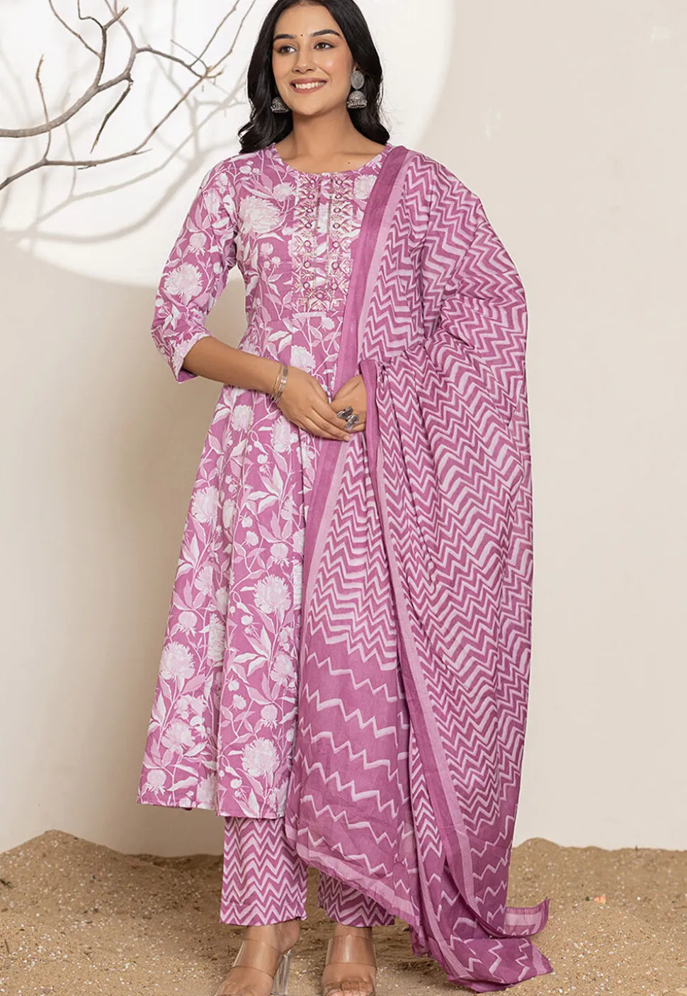 Digital Printed Pure Cotton A Line Suit in Light Purple