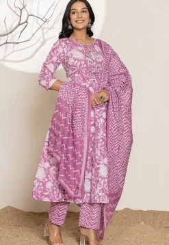 Digital Printed Pure Cotton A Line Suit in Light Purple