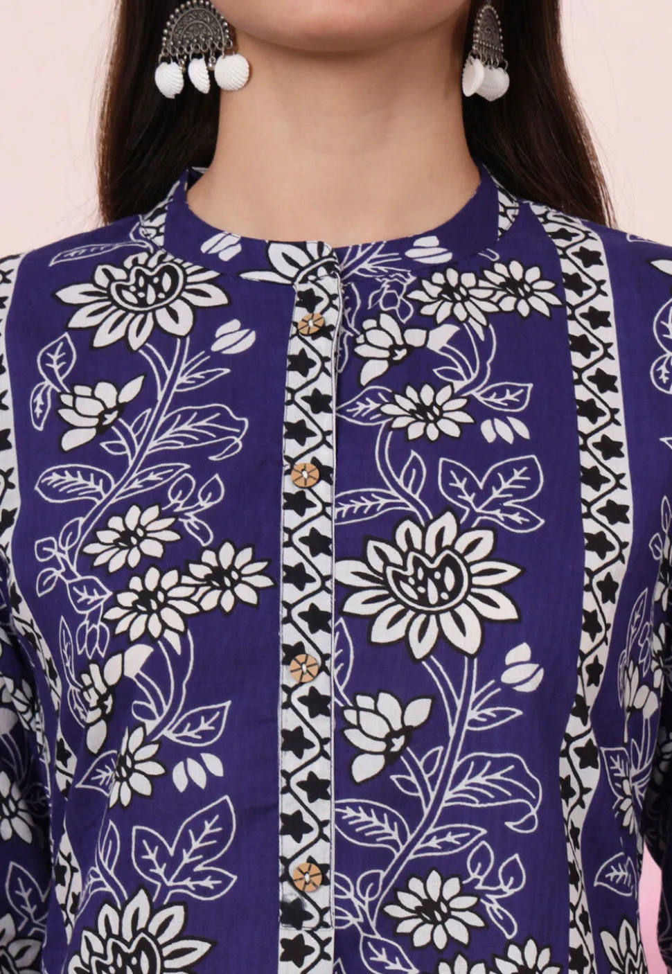 Digital Printed Pure Cotton Co Ord Set in Navy Blue