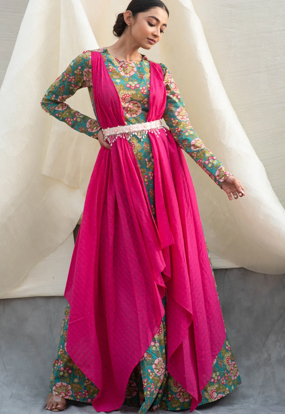 Digital Printed Pure Cotton Gown in Blue and Fuchsia