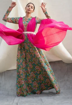 Digital Printed Pure Cotton Gown in Blue and Fuchsia