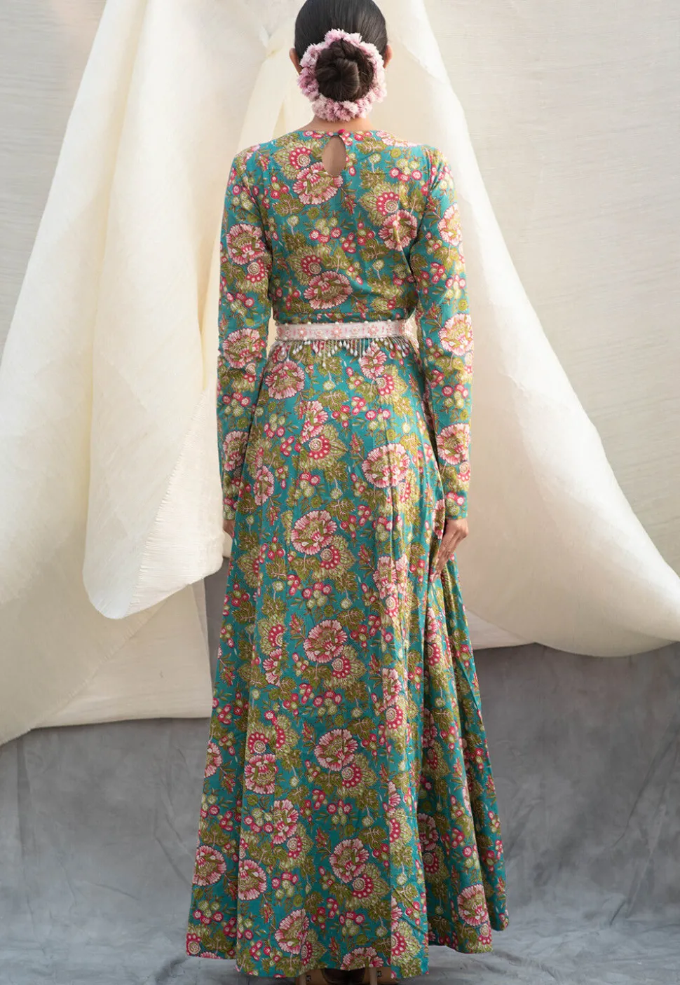 Digital Printed Pure Cotton Gown in Blue and Fuchsia