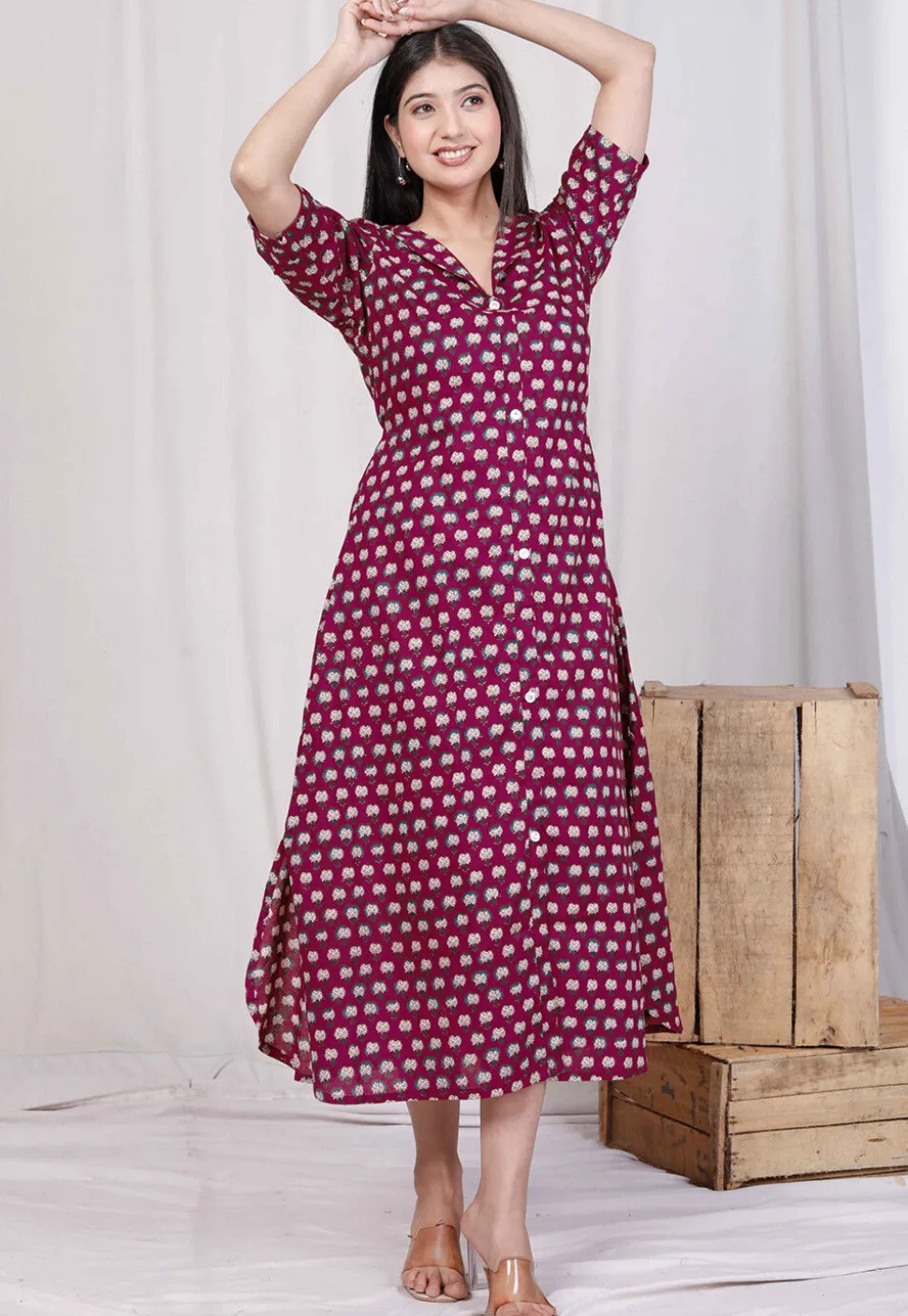 Digital Printed Pure Cotton Dress in Magenta