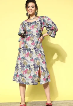 Digital Printed Pure Cotton Midi Dress in Multicolor