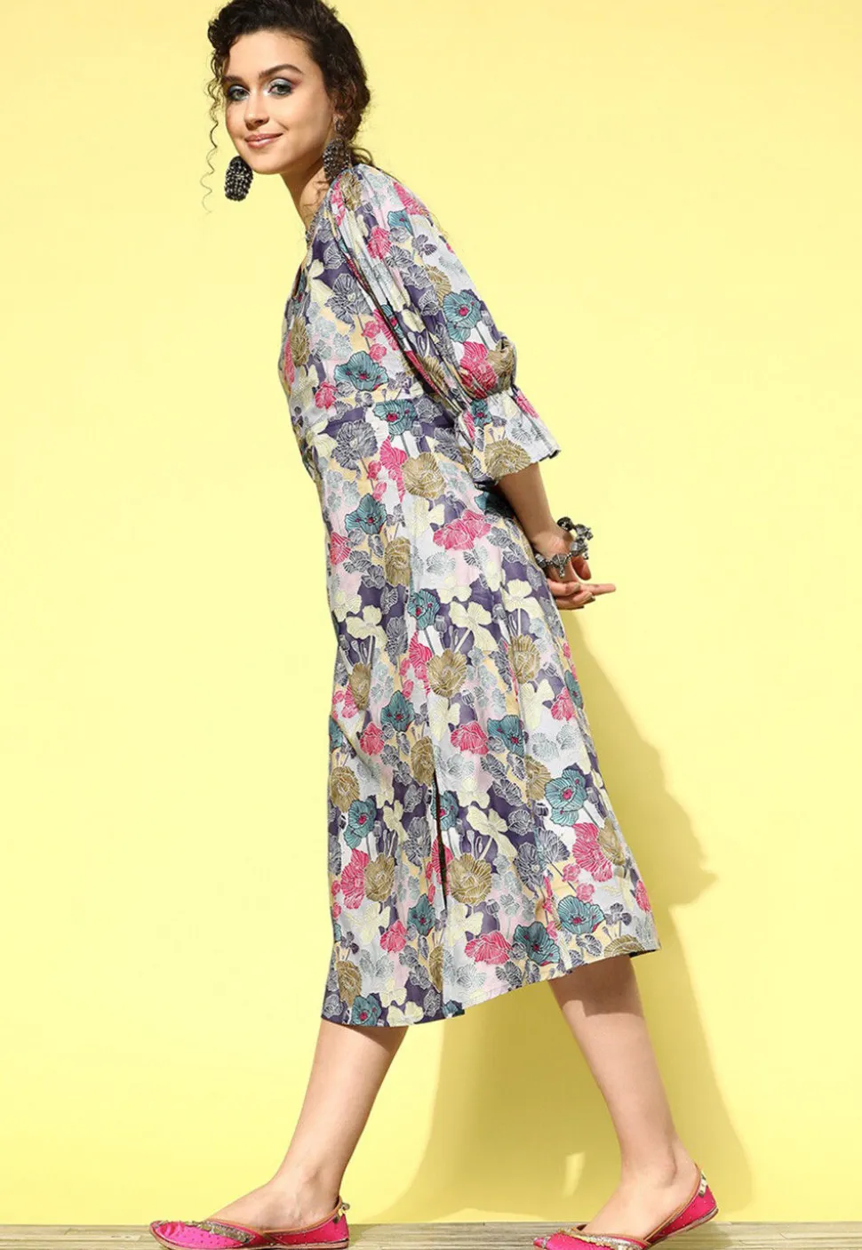 Digital Printed Pure Cotton Midi Dress in Multicolor