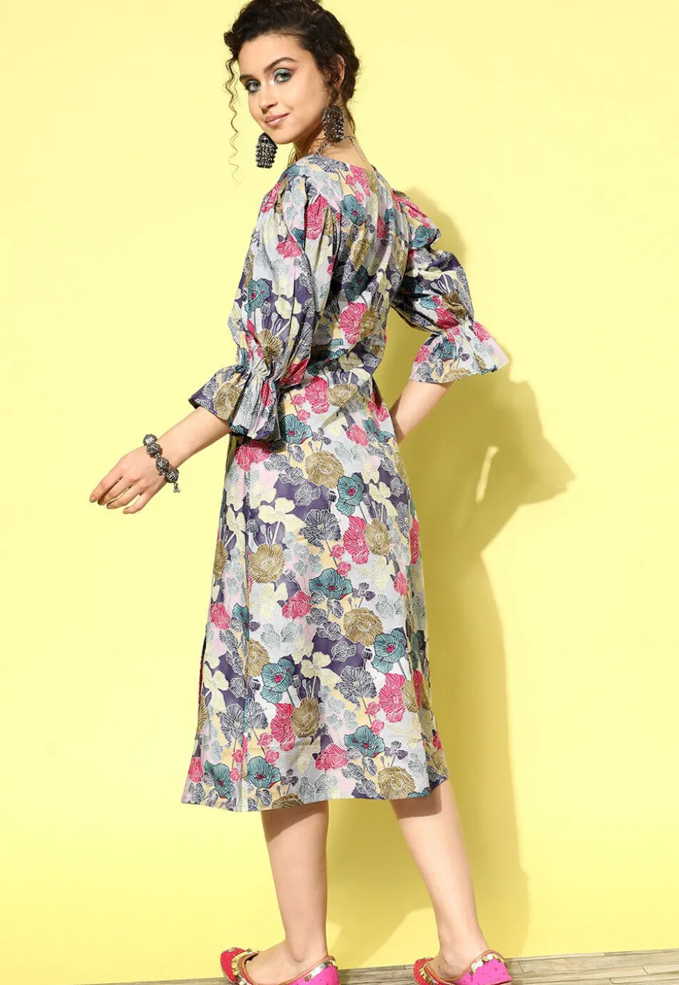 Digital Printed Pure Cotton Midi Dress in Multicolor