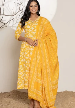 Digital Printed Pure Cotton A Line Suit in Yellow