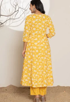 Digital Printed Pure Cotton A Line Suit in Yellow