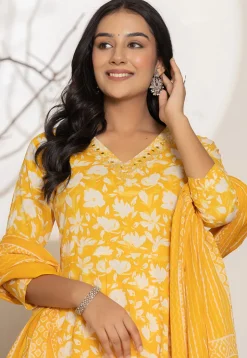 Digital Printed Pure Cotton A Line Suit in Yellow