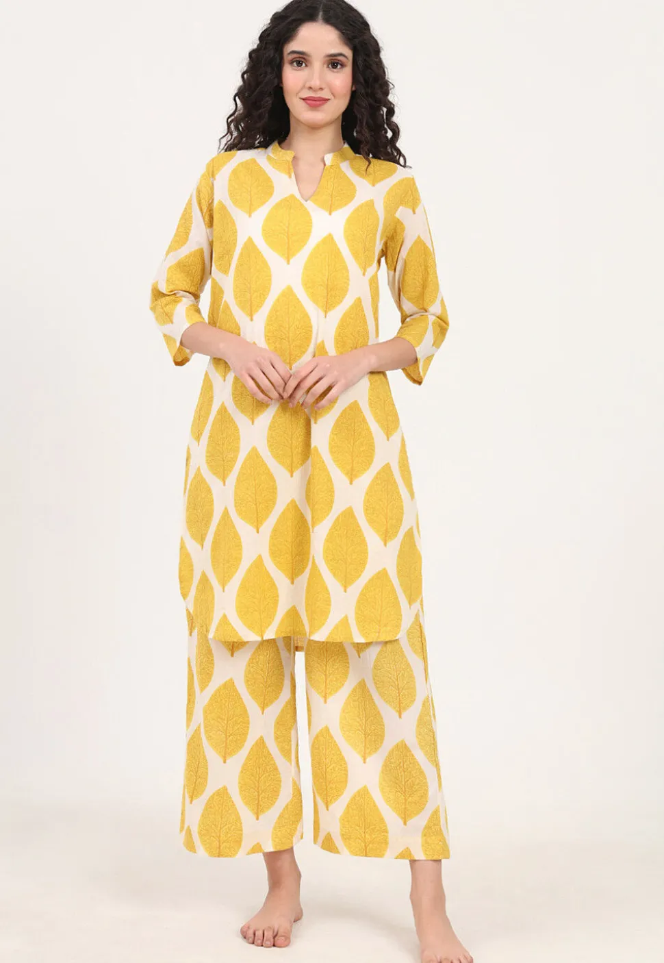 Digital Printed Pure Cotton Co Ord Set in Yellow