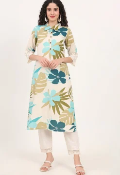 Digital Printed Pure Cotton Kurta in Off White