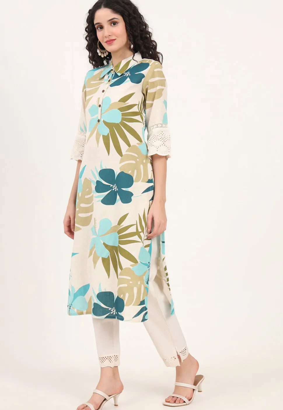 Digital Printed Pure Cotton Kurta in Off White
