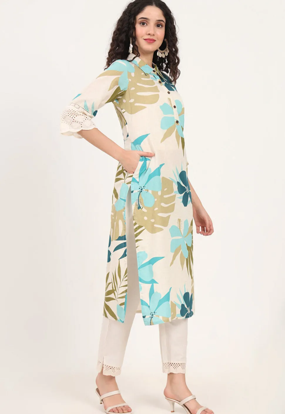 Digital Printed Pure Cotton Kurta in Off White