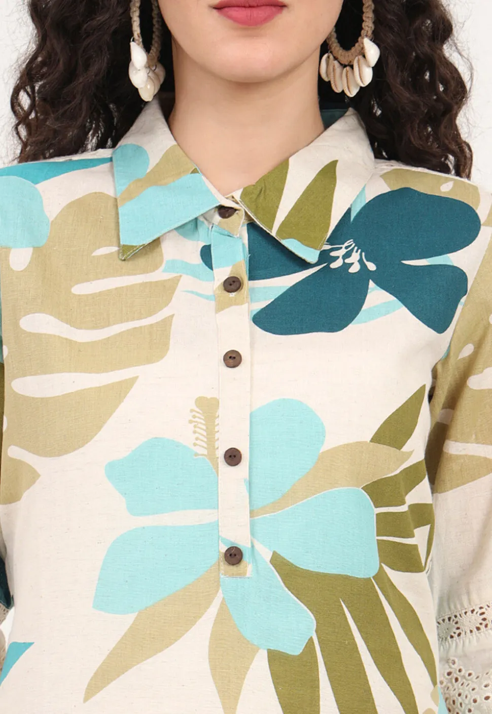 Digital Printed Pure Cotton Kurta in Off White