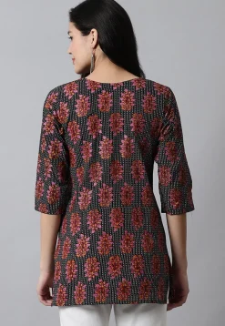 Digital Printed Pure Cotton Short Kurti in Black