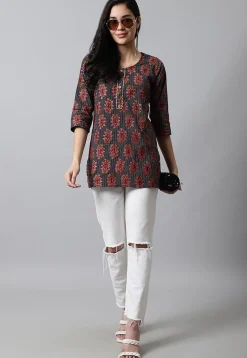 Digital Printed Pure Cotton Short Kurti in Black